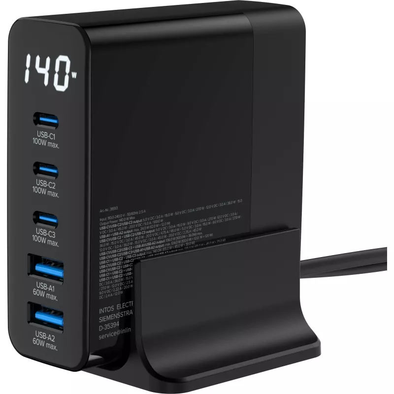 InLine USB PD maitinimo šaltinis, GaN įkroviklis, 5 prievadai, USB-C + USB-A, 140W, su ekranu