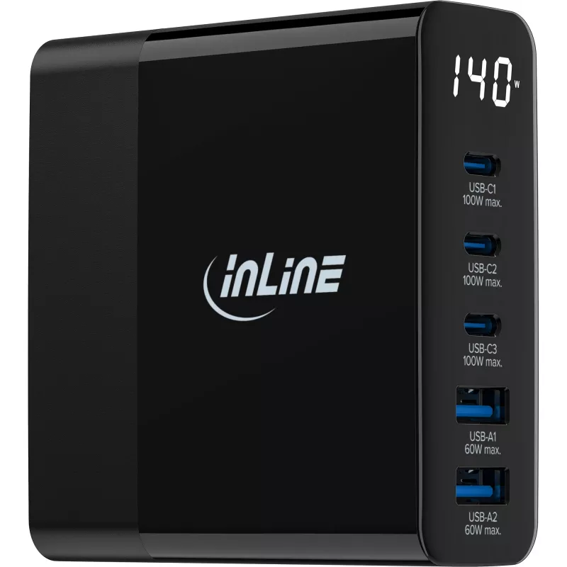 InLine USB PD maitinimo šaltinis, GaN įkroviklis, 5 prievadai, USB-C + USB-A, 140W, su ekranu