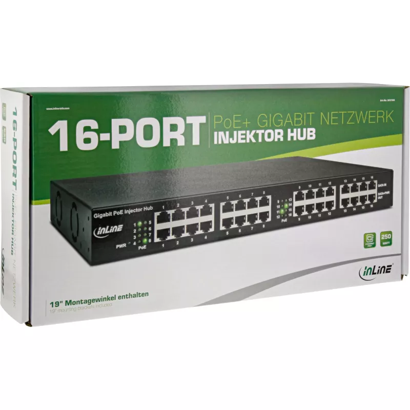 InLine PoE+ Gigabit Injector Hub 16 prievadų PoE+, 19 col. 1U, su kronšteinais, 2 ventiliatoriai