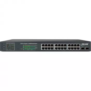 InLine PoE+ Gigabit tinklo jungiklis 24 prievadai, 1 Gb/s, 2x SFP, 19 colių 1U (su tvirtinimo kampais)