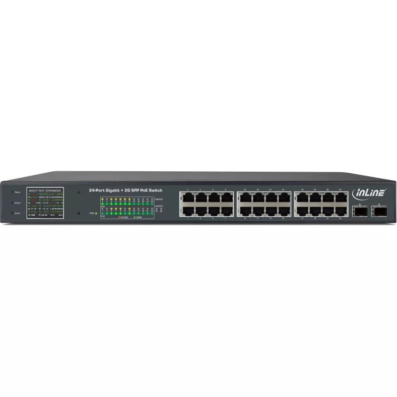 InLine PoE+ Gigabit tinklo jungiklis 24 prievadai, 1 Gb/s, 2x SFP, 19 colių 1U (su tvirtinimo kampais)