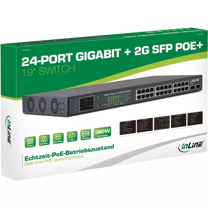 InLine PoE+ Gigabit tinklo jungiklis 24 prievadai, 1 Gb/s, 2x SFP, 19 colių 1U (su tvirtinimo kampais)