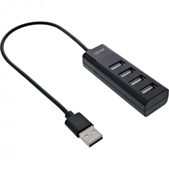 InLine USB 2.0 4 prievadų šakotuvas, Type-A kištukas į 4x Type-A lizdą, juodas, 30 cm, plonas