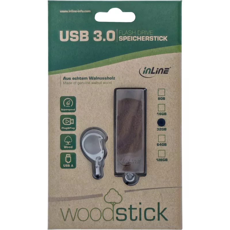 InLine USB 3.0 atmintukas, riešutmedžio apdaila, su raktų pakabuku, 64 GB