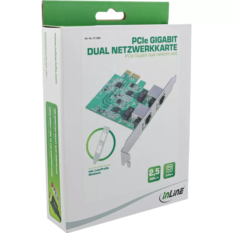 InLine 51126A dviejų prievadų 2.5 Gigabit tinklo plokštė, 2x RJ45, PCIe x1, su LP laikikliu