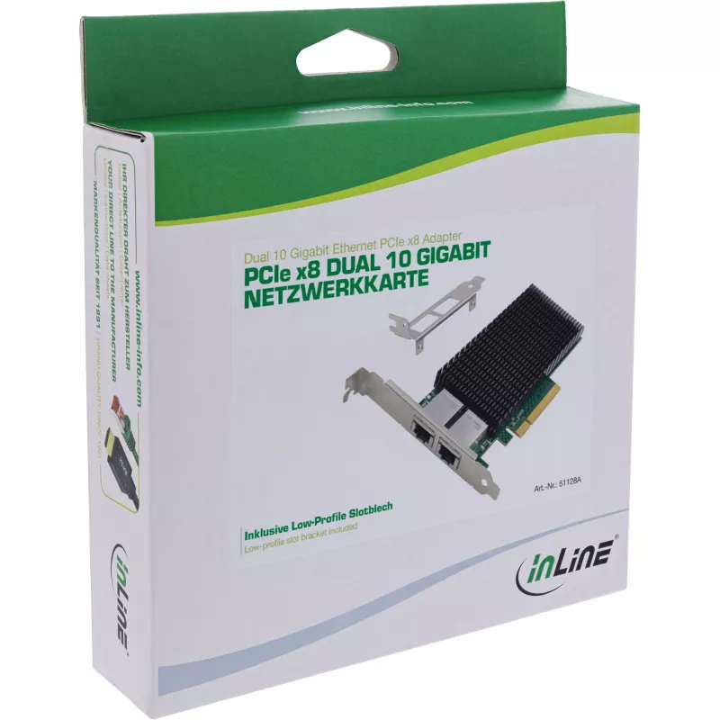 InLine Dual 10 Gigabit tinklo plokštė, 2x RJ45 10Gb/s, PCIe x8, su žemo profilio laikikliu