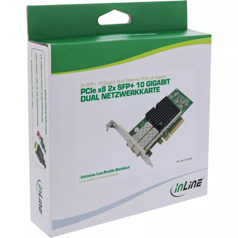 InLine Dual 10 Gigabit tinklo plokštė, 2x SFP+, PCIe x8, su žemo profilio laikikliu