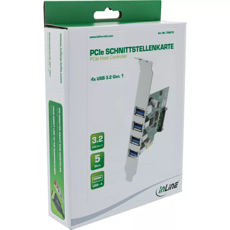 InLine USB 3.0 4 prievadų pagrindinis valdiklis PCIe su žemo profilio laikikliu ir 4 kontaktų papildomu maitinimu
