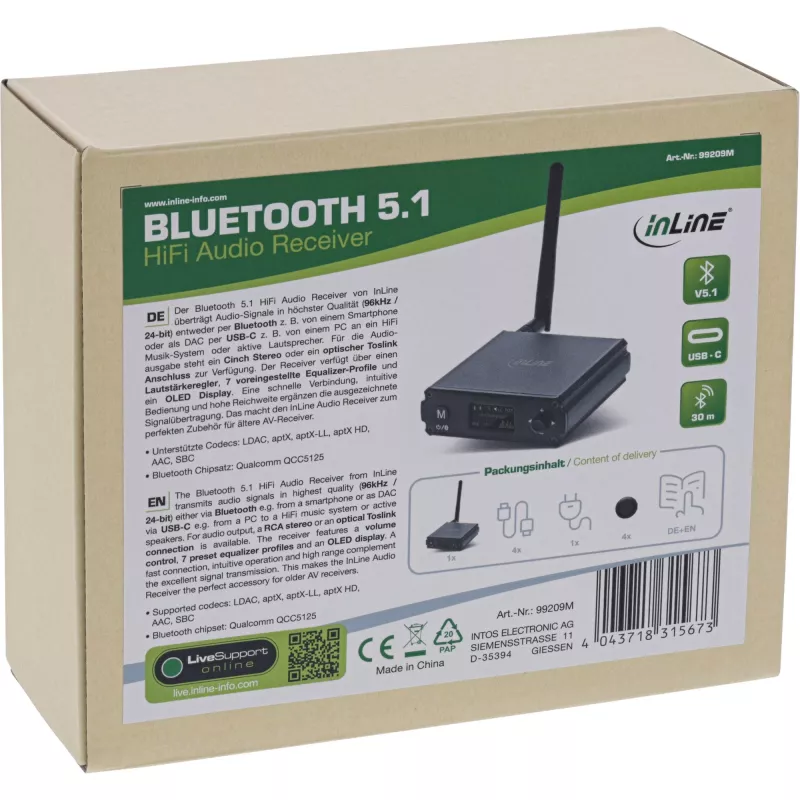InLine Bluetooth 5.1 HiFi imtuvas ir USB DAC su LCD, 30 m