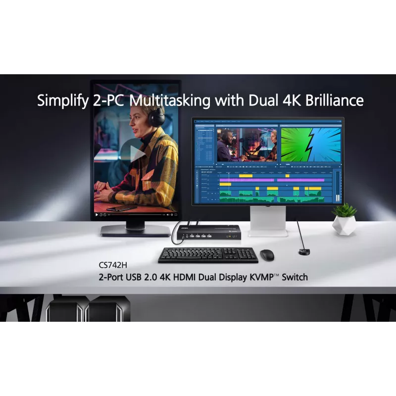 ATEN CS742H 2 prievadų USB 4K HDMI dviejų monitorių KVM jungiklis su kabeliais