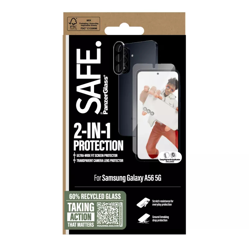 PanzerGlass SAFE. by ® 2-in-1 rinkinys Samsung Galaxy A56 5G – apsauga nuo įbrėžimų ir smūgių