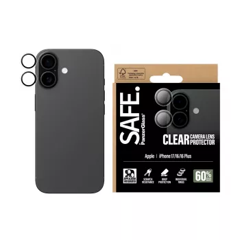 Kameros lęšio apsauga PanzerGlass SAFE, skirta iPhone 17 16 16 Plus, atspari įbrėžimams ir smūgiams, permatoma