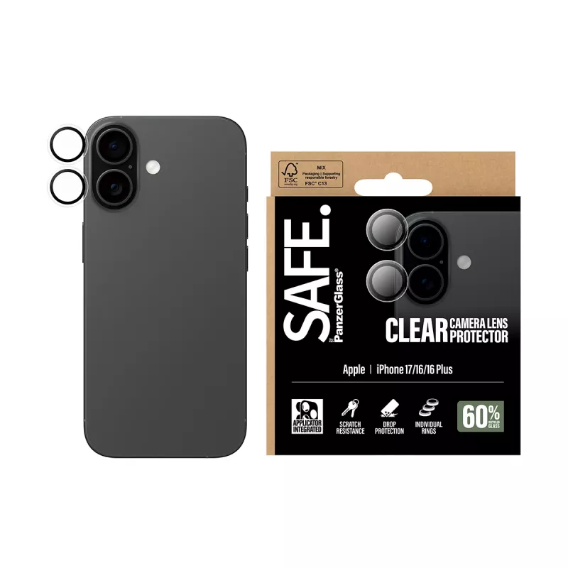 Kameros lęšio apsauga PanzerGlass SAFE, skirta iPhone 17 16 16 Plus, atspari įbrėžimams ir smūgiams, permatoma