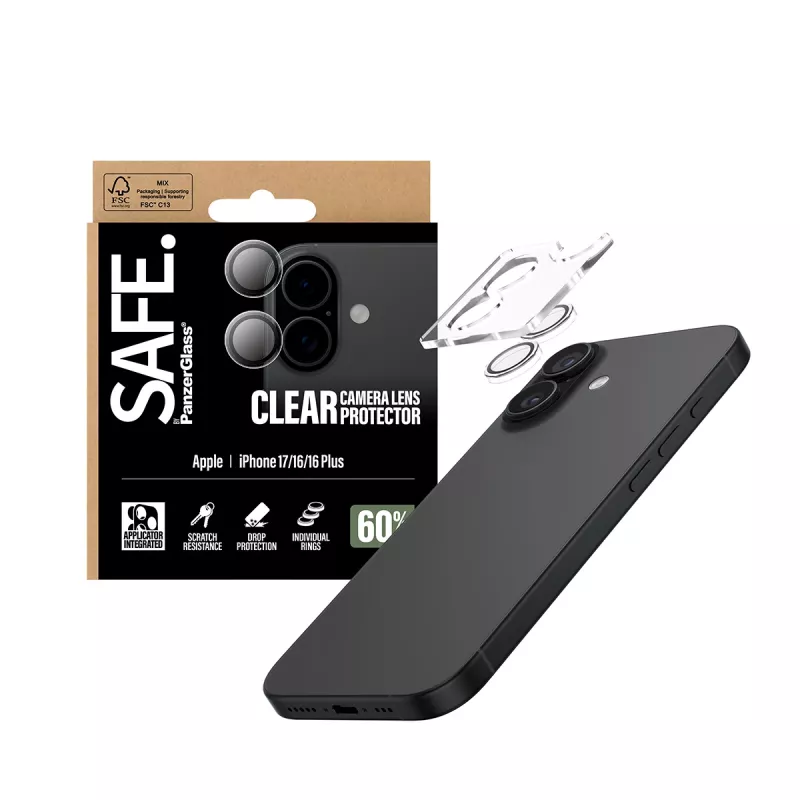 Kameros lęšio apsauga PanzerGlass SAFE, skirta iPhone 17 16 16 Plus, atspari įbrėžimams ir smūgiams, permatoma