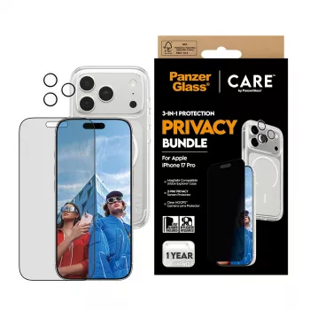 PanzerGlass CARE Privacy Case iPhone 17 Pro 3-in-1 — privatumo dėklas su integruotu fotoaparato dangteliu