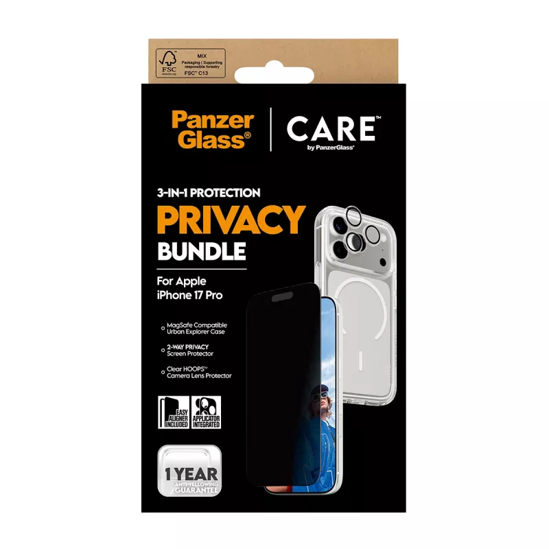 PanzerGlass CARE Privacy Case iPhone 17 Pro 3-in-1 — privatumo dėklas su integruotu fotoaparato dangteliu