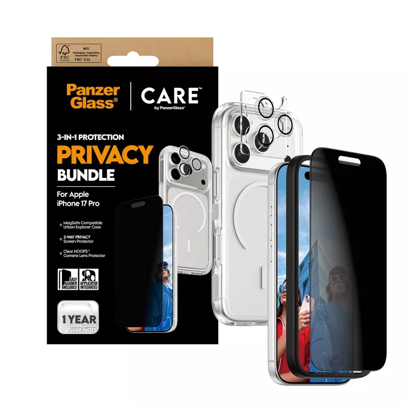 PanzerGlass CARE Privacy Case iPhone 17 Pro 3-in-1 — privatumo dėklas su integruotu fotoaparato dangteliu