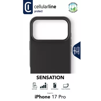 Cellularline Sensation – Minkštas silikoninis dėklas iPhone 17 Pro, švelnaus prisilietimo apdaila, juodos spalvos