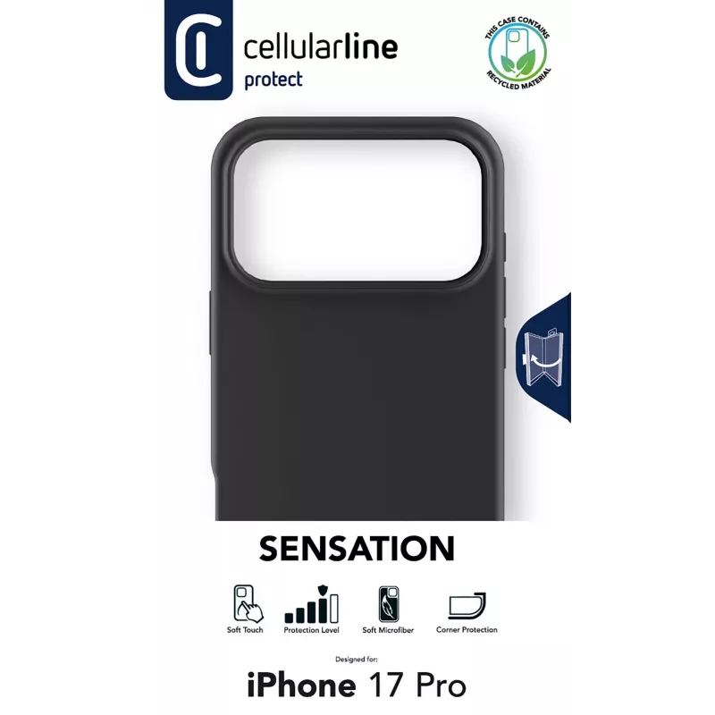 Cellularline Sensation – Minkštas silikoninis dėklas iPhone 17 Pro, švelnaus prisilietimo apdaila, juodos spalvos