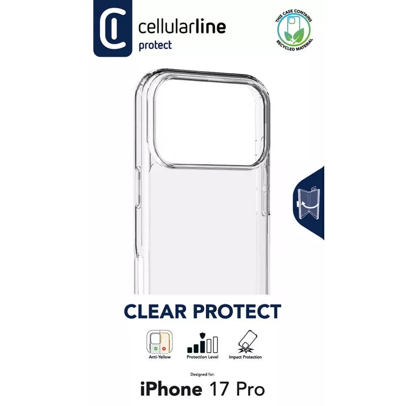 Cellularline Clear Protect - Kietas dėklas iPhone 17 Pro su guminiais kraštais