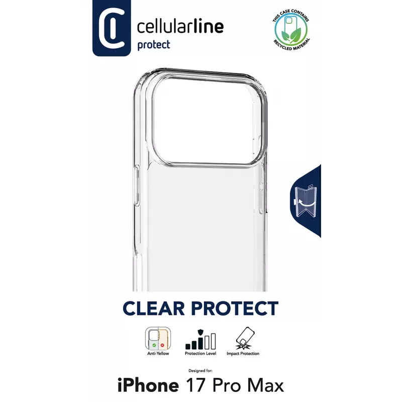 Cellularline Clear Protect kietas dėklas su guminiais kraštais, iPhone 17 Pro Max, skaidrus