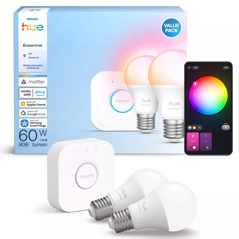 Philips Hue White and colour ambience Essential pradinis rinkinys: 2 E27 išmanios lemputės (806 lm)