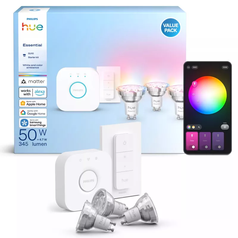 Philips Hue White and colour ambience Essential pradinis rinkinys: 3 GU10 protingos lemputės (345 lm) + reguliatorius
