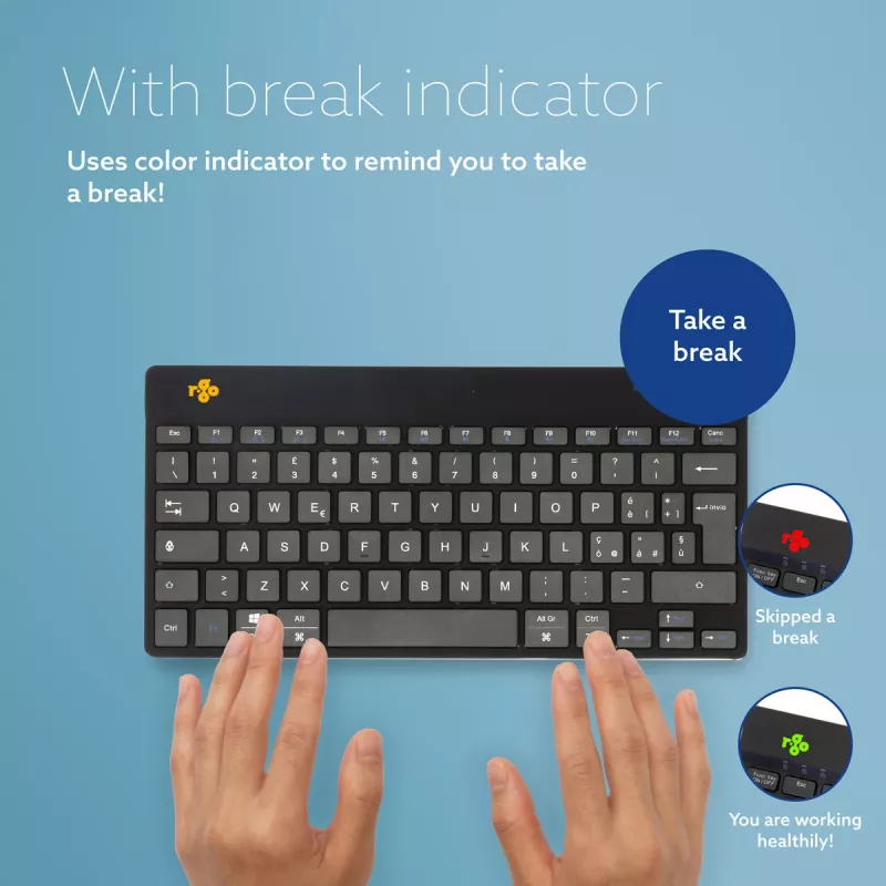 Ergonominė klaviatūra R-Go Tools Compact Break, kompaktiška su pertraukų programine įranga, QWERTY (IT), Bluetooth, juoda