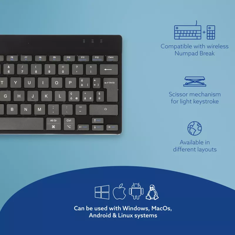 Ergonominė klaviatūra R-Go Tools Compact Break, kompaktiška su pertraukų programine įranga, QWERTY (IT), Bluetooth, juoda