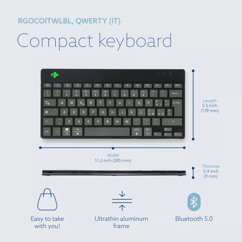 Ergonominė klaviatūra R-Go Tools Compact Break, kompaktiška su pertraukų programine įranga, QWERTY (IT), Bluetooth, juoda