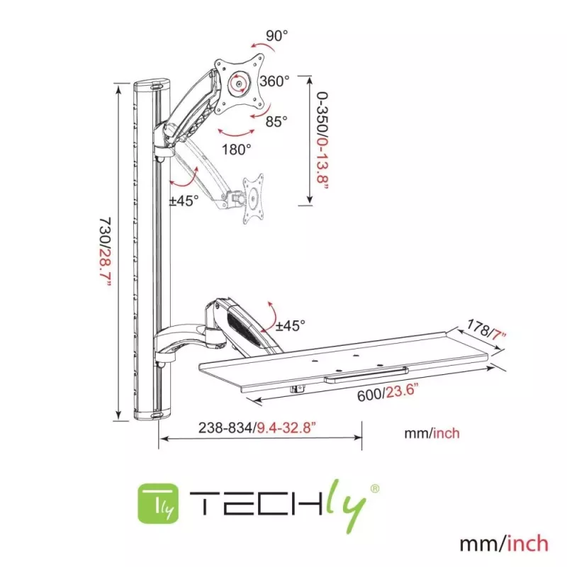 Techly ICA-PLW 02 monitorio laikiklis / stovas 68.6 cm (27 col.) sieninis sidabrinis