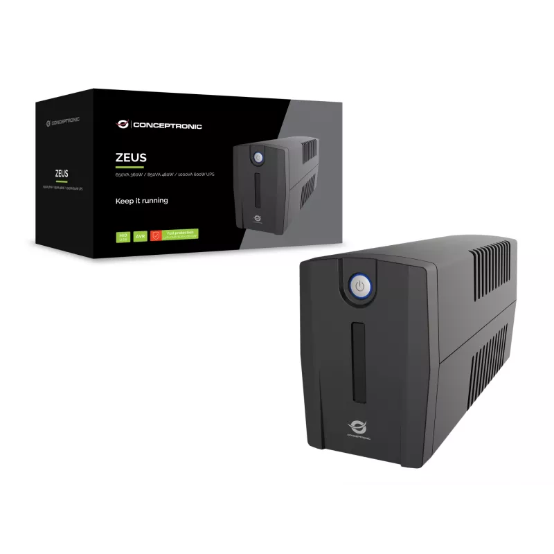 Conceptronic ZEUS01G 650VA 360W nepertraukiamo maitinimo šaltinis, 2 UK lizdai, HID USB, RJ45 įėjimas/išėjimas, AVR