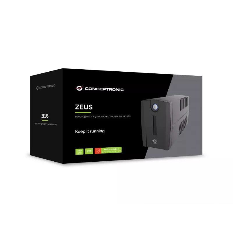 Conceptronic ZEUS01G 650VA 360W nepertraukiamo maitinimo šaltinis, 2 UK lizdai, HID USB, RJ45 įėjimas/išėjimas, AVR