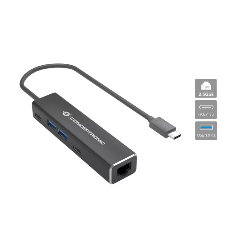 Conceptronic ABBY14B 2.5G Ethernet USB 3.2 Gen 1 adapteris su USB šakotuvu, 2.5GbE, USB-A x 2, USB-C x 2