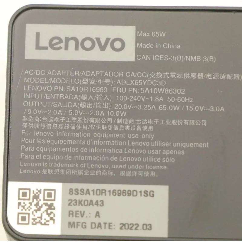 Lenovo 5A10W86302 maitinimo adapteris / keitiklis, 65 W, juodas