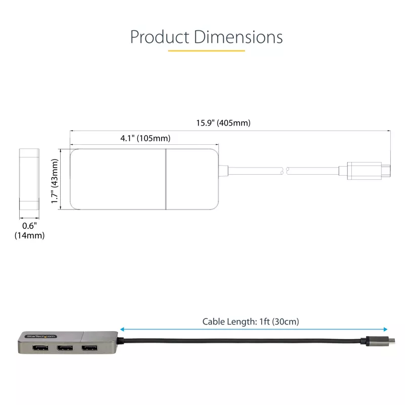StarTech.com 3 prievadų USB-C kelių monitorių adapteris, USB Type-C į 3x DisplayPort 1.4 MST šakotuvas, trigubas 4K 60Hz nešiojamojo kompiuterio ekrano plėtinys / skirstytuvas, HDR, ilgas įmontuotas kabelis – tik Windows