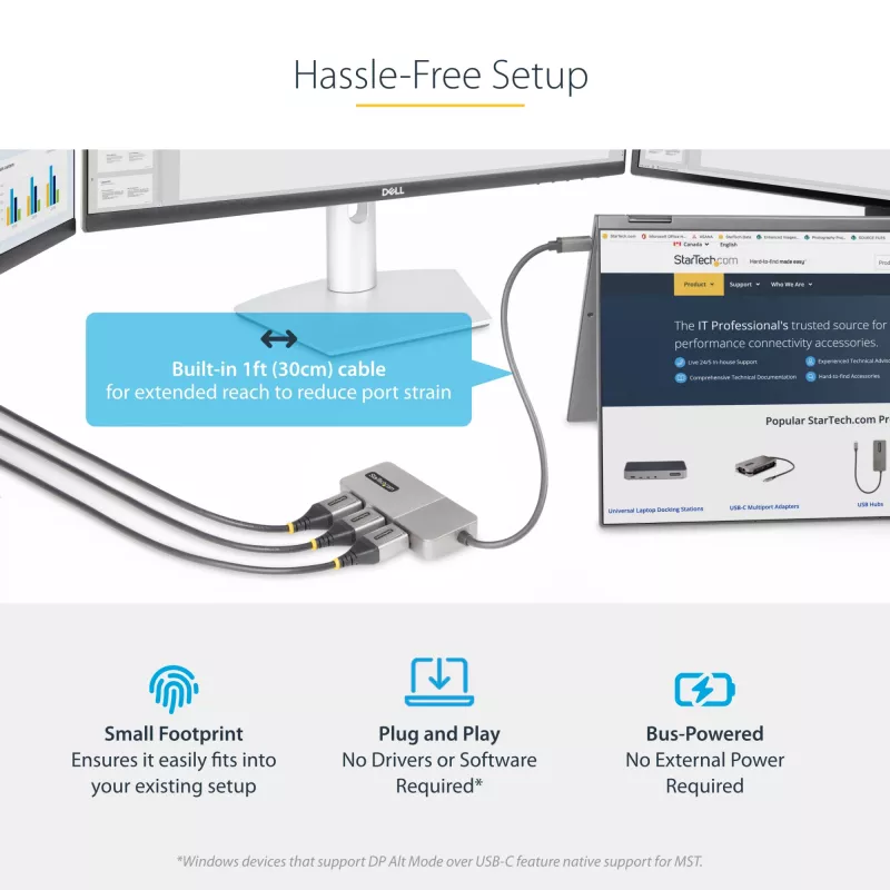StarTech.com 3 prievadų USB-C kelių monitorių adapteris, USB Type-C į 3x DisplayPort 1.4 MST šakotuvas, trigubas 4K 60Hz nešiojamojo kompiuterio ekrano plėtinys / skirstytuvas, HDR, ilgas įmontuotas kabelis – tik Windows