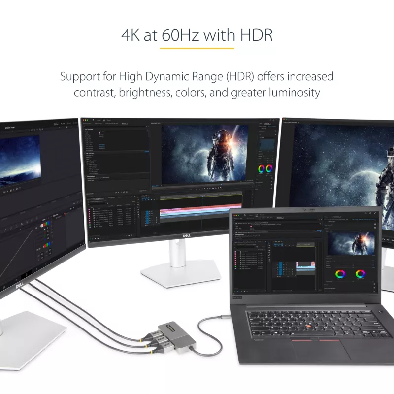 StarTech.com 3 prievadų USB-C kelių monitorių adapteris, USB Type-C į 3x DisplayPort 1.4 MST šakotuvas, trigubas 4K 60Hz nešiojamojo kompiuterio ekrano plėtinys / skirstytuvas, HDR, ilgas įmontuotas kabelis – tik Windows