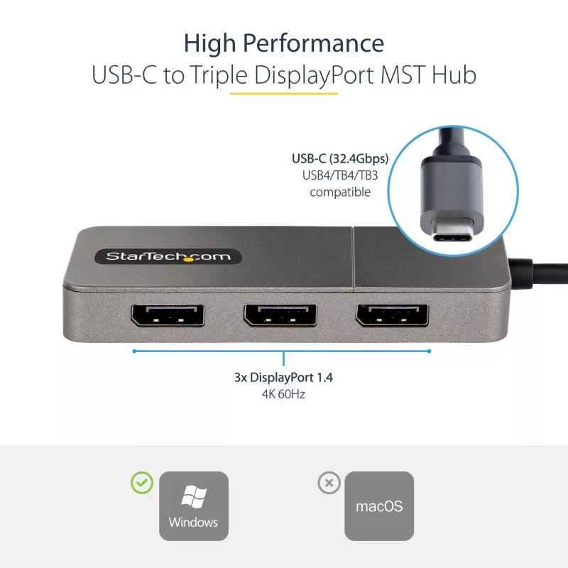 StarTech.com 3 prievadų USB-C kelių monitorių adapteris, USB Type-C į 3x DisplayPort 1.4 MST šakotuvas, trigubas 4K 60Hz nešiojamojo kompiuterio ekrano plėtinys / skirstytuvas, HDR, ilgas įmontuotas kabelis – tik Windows