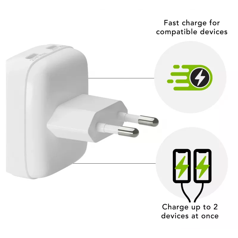 Sieninis įkroviklis d bramante re-charge Pro EU Flat 2×USB-C 20W Baltas (vidaus patalpoms)