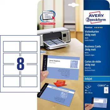 Avery C32015-10 popierius vizitinėms kortelėms, 80 vnt., 260 g/m², matinis, abipusis spausdinimas