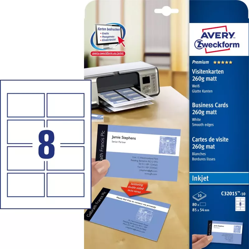Avery C32015-10 popierius vizitinėms kortelėms, 80 vnt., 260 g/m², matinis, abipusis spausdinimas