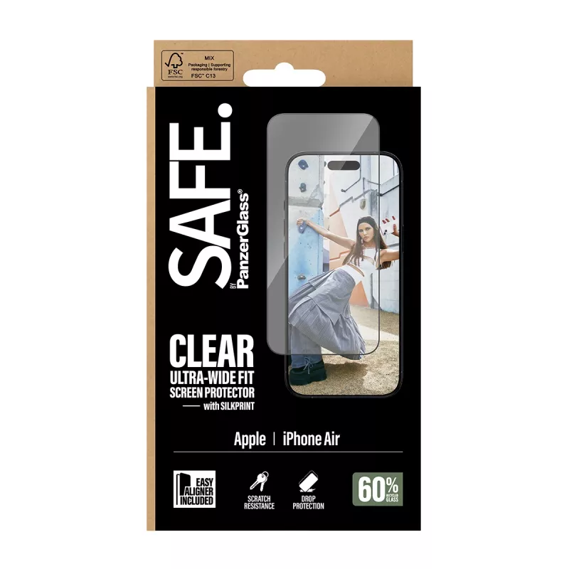 Apsauginis stiklas PanzerGlass SAFE iPhone 17 Ultra‑Wide Fit su juodu rėmeliu