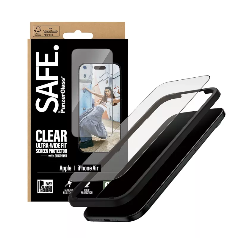 Apsauginis stiklas PanzerGlass SAFE iPhone 17 Ultra‑Wide Fit su juodu rėmeliu
