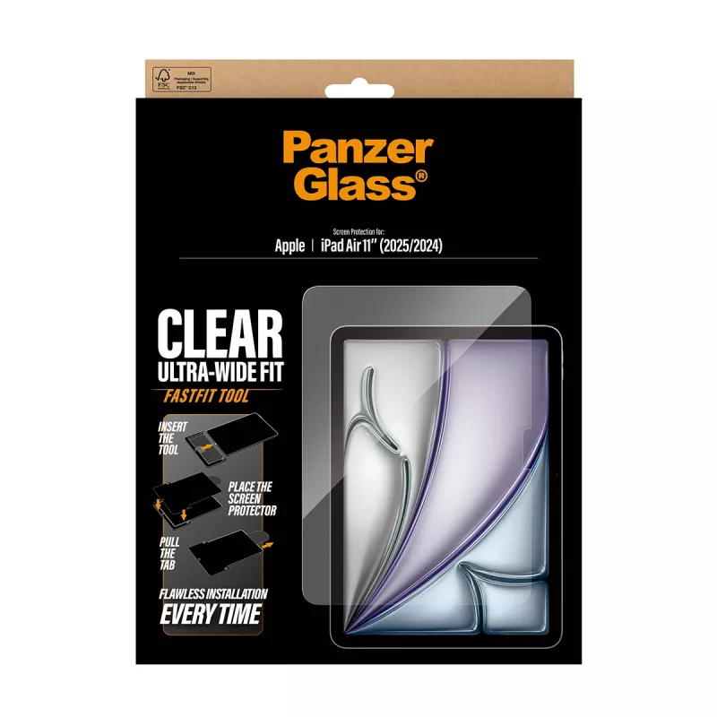 Apsauginis stiklas PanzerGlass iPad Air 11 colių (2024–2026) Ultra-Wide Fit, grūdintas stiklas, FastFit įrankis