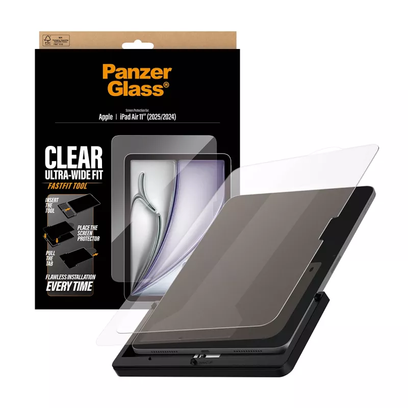 Apsauginis stiklas PanzerGlass iPad Air 11 colių (2024–2026) Ultra-Wide Fit, grūdintas stiklas, FastFit įrankis