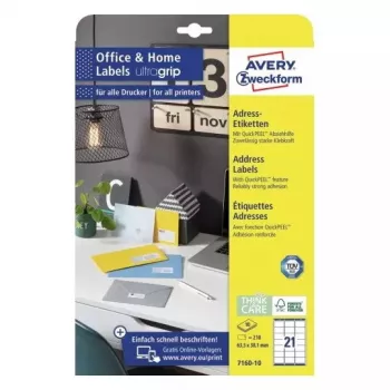 Lipnūs etikečių lapai Avery 7160-10, 210 vnt., balta, stačiakampė