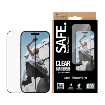 PanzerGlass SAFE ekrano apsauginis stiklas su juodu rėmeliu iPhone 17 | 16 Pro Ultra-Wide Fit su EasyAligner