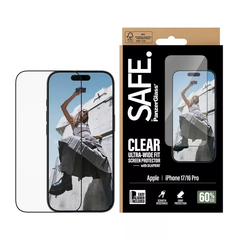PanzerGlass SAFE ekrano apsauginis stiklas su juodu rėmeliu iPhone 17 | 16 Pro Ultra-Wide Fit su EasyAligner