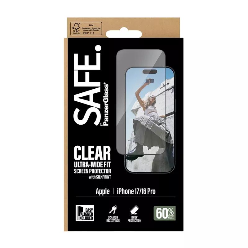 PanzerGlass SAFE ekrano apsauginis stiklas su juodu rėmeliu iPhone 17 | 16 Pro Ultra-Wide Fit su EasyAligner